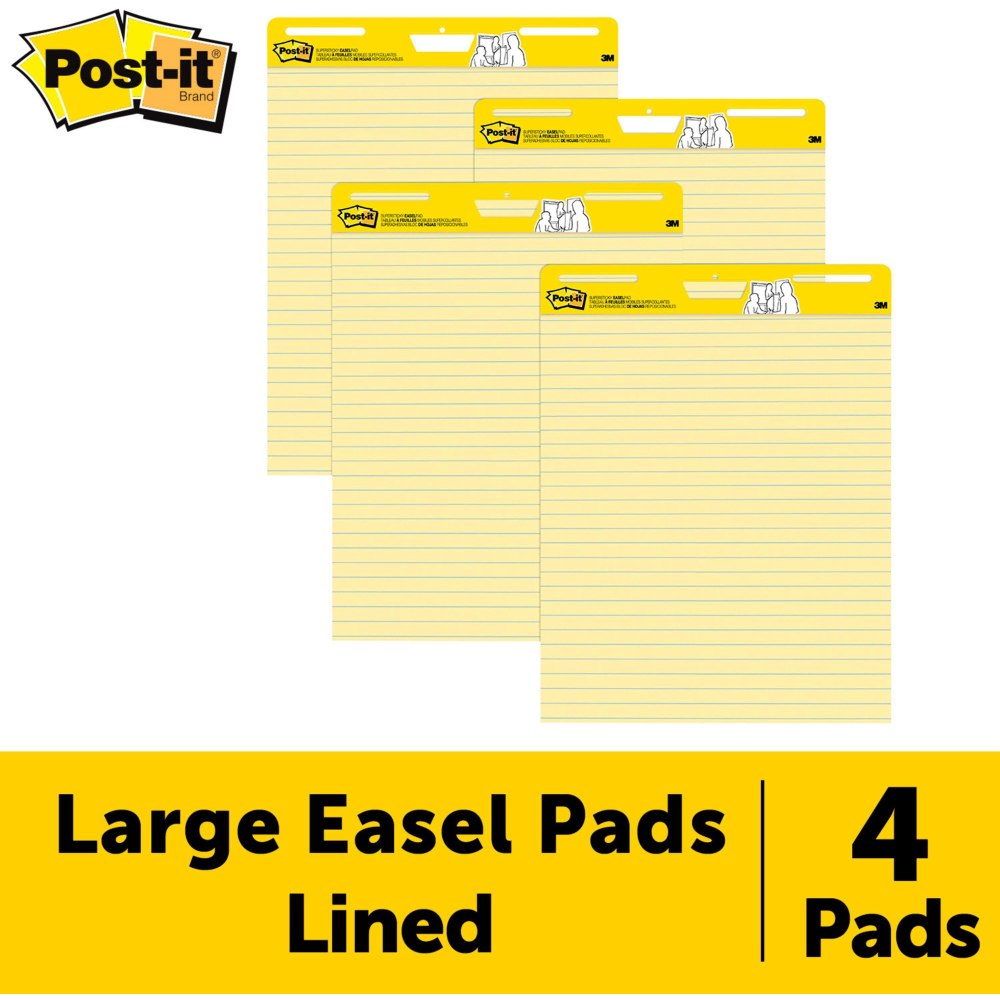 Post-it Super Sticky Easel Pads, Lined, 25in x 30in, Yellow, Pack Of 4 Pads