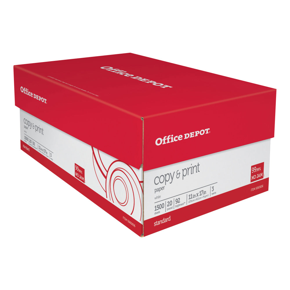 Office Depot Multi-Use Printer & Copy Paper, White, Ledger (11in x 17in), 1500 Sheets Per Case, 20 Lb, 92 Brightness, Case Of 3 Reams