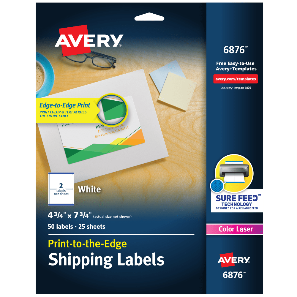 Avery Print-to-the-Edge Shipping Labels With Sure Feed Technology, 6876, Rectangle, 4-3/4in x 7-3/4in, White, Pack Of 50