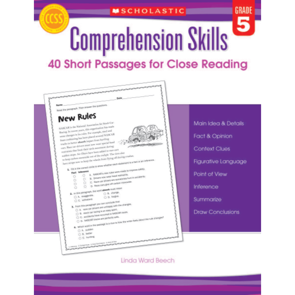 Scholastic Comprehension Skills: 40 Short Passages For Close Reading, Grade 5