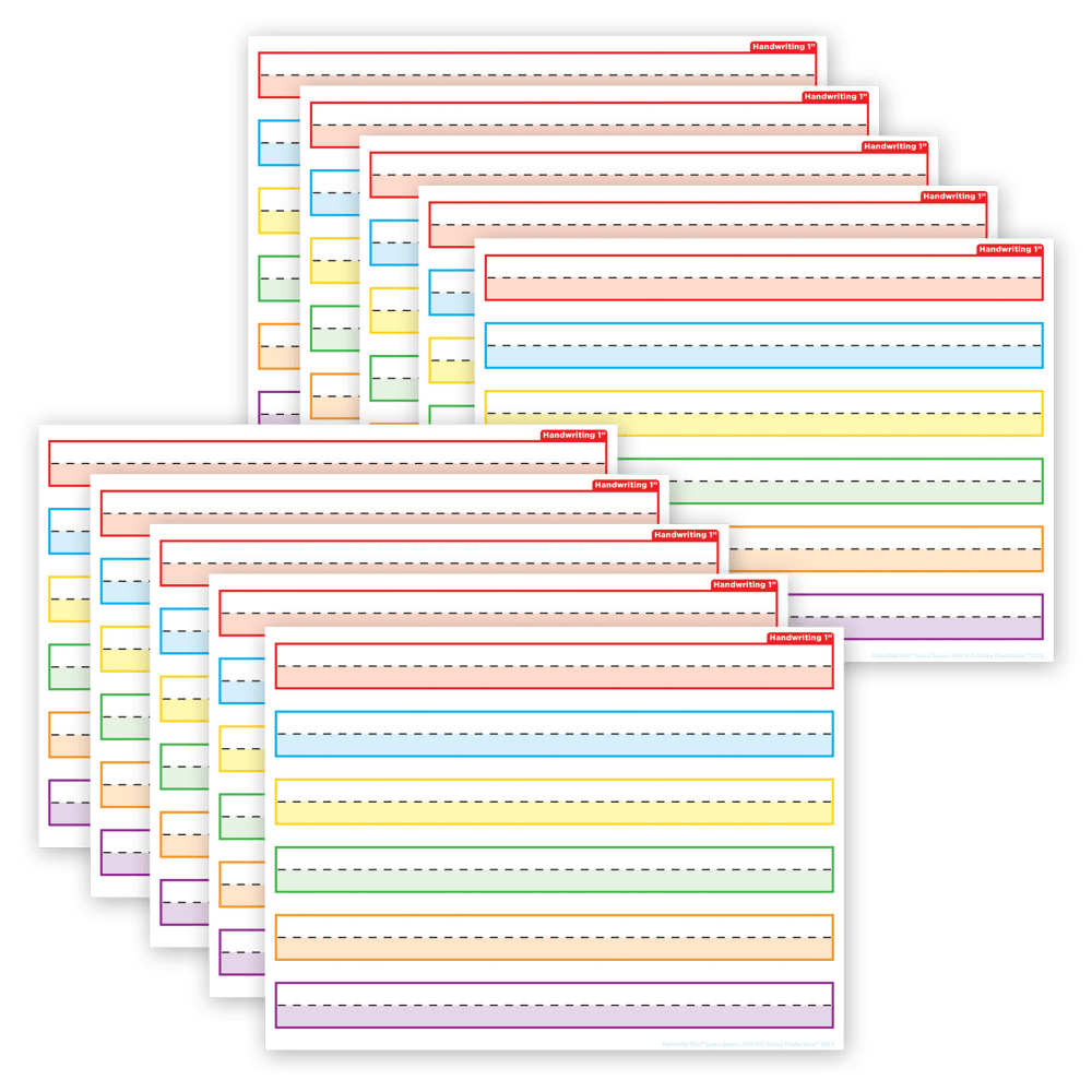 Ashley Productions Smart Poly PosterMat Pals Space Savers, 13in x 9-1/2in, 1in Handwriting Highlighted Multicolor, Pack Of 10 Pieces