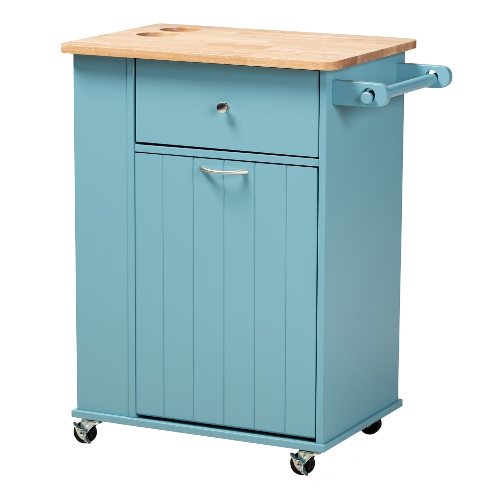 Baxton Studio Liona Sky Kitchen Storage Cart, 34-3/8inH x 17-3/4inW, Blue/Natural