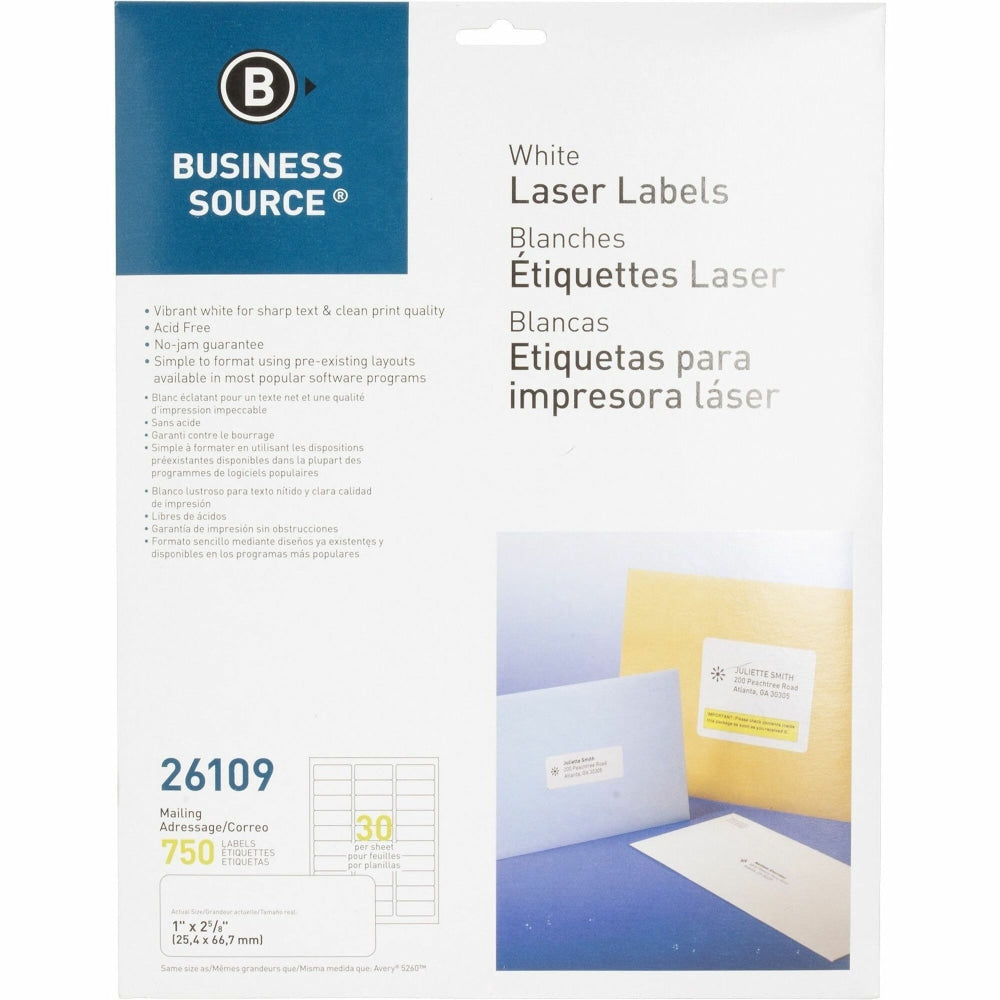 Business Source Bright White Premium-quality Address Labels - 1in Width x 2 5/8in Length - Permanent Adhesive - Rectangle - Laser, Inkjet - White - 30 / Sheet - 25 Total Sheets - 750 / Pack - Lignin-free, Jam-free