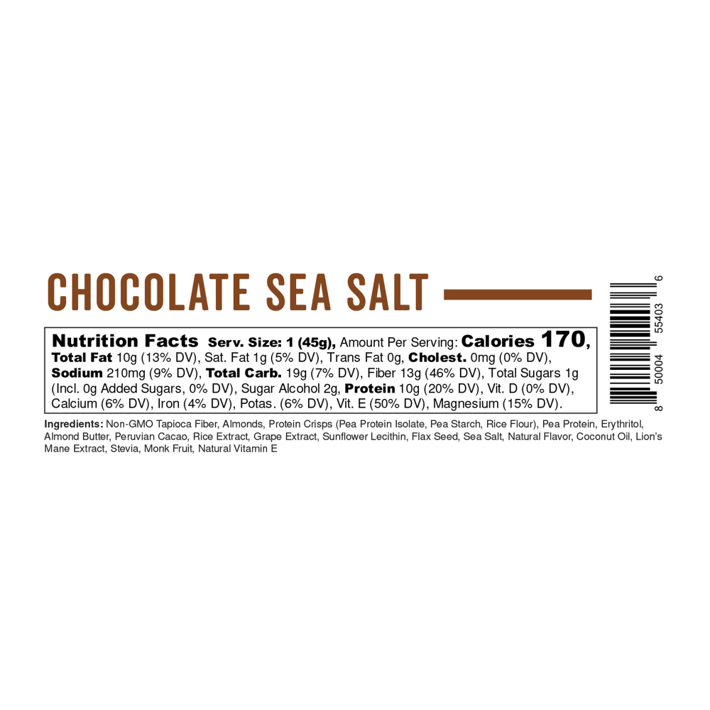 IQ BAR Brain Fuel Protein Bars, Chocolate Sea Salt, 1.6 Oz, Box Of 24 Bars