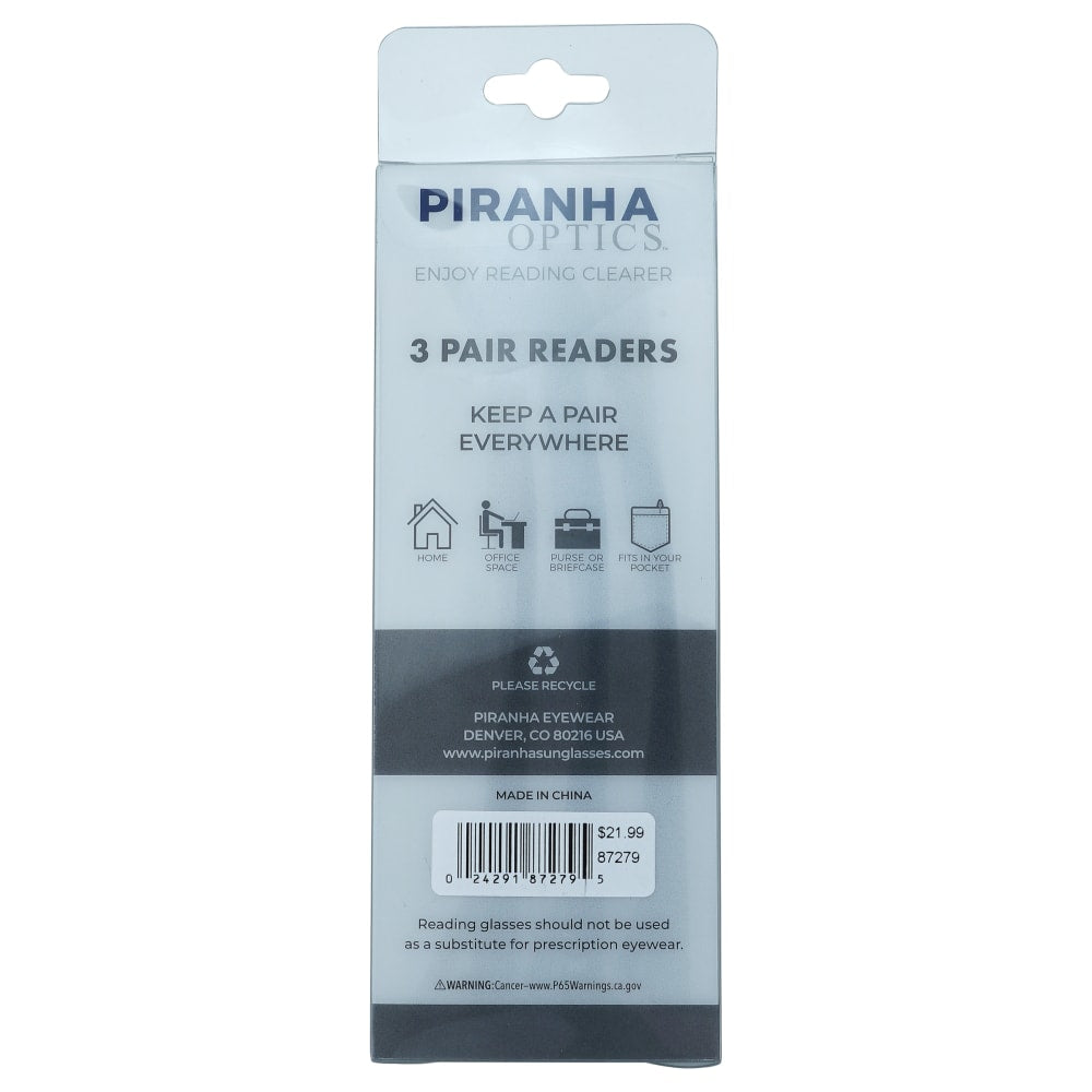 Piranha Unisex Tri-Pack Readers, Black/Red/Blue, +2.75, 3 Readers Per Pack, Case Of 60 Packs