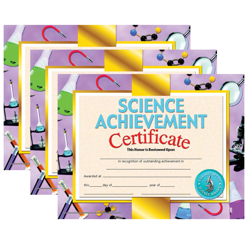 Hayes Certificates, 8-1/2in x 11in, Science Achievement, 30 Certificates Per Pack, Set Of 3 Packs