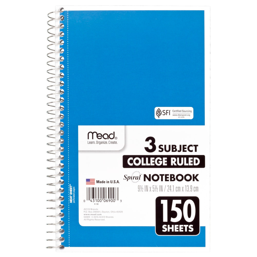 Mead Wirebound Notebook, 6in x 9 1/2in, 3 Subject, College Ruled, 300 Pages (150 Sheets), Assorted Colors