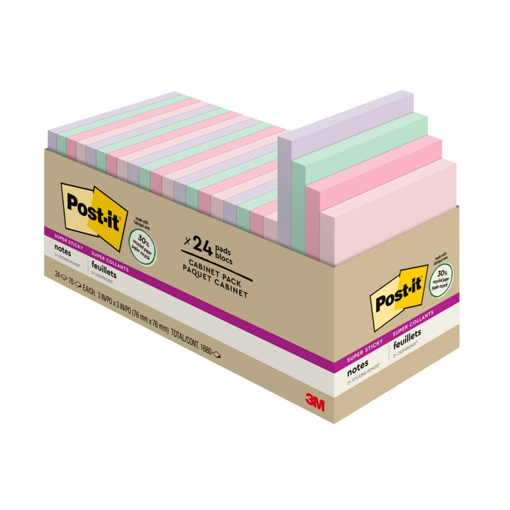 Post-it Recycled Super Sticky Notes, 3 in x 3 in, 24 Pads, 70 Sheets/Pad, 2x the Sticking Power, Wanderlust Pastels Collection, 30% Recycled