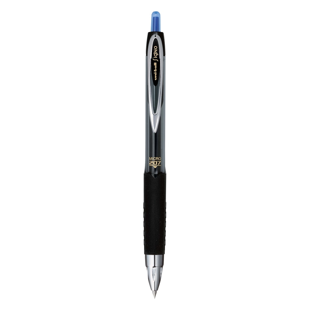 uni-ball 207 Retractable Fraud Prevention Gel Pens, Micro Point, 0.5 mm, Black Barrels, Blue Ink, Pack Of 12