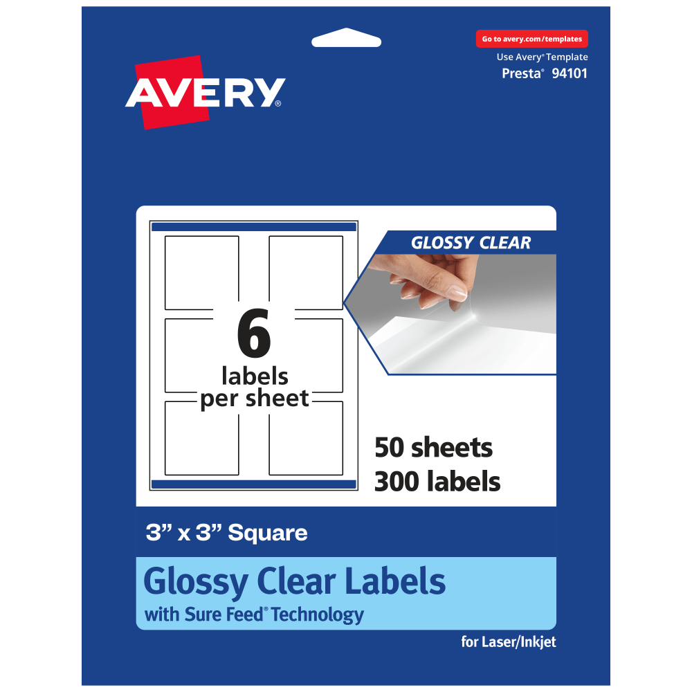 Avery Glossy Permanent Labels With Sure Feed, 94101-CGF50, Square, 3in x 3in, Clear, Pack Of 300