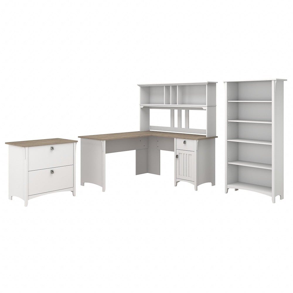 Bush Furniture Salinas 60inW L Shaped Desk with Hutch, Lateral File Cabinet and 5 Shelf Bookcase, Shiplap Gray/Pure White, Standard Delivery