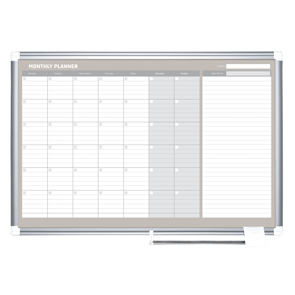 MasterVision Gold Ultra Magnetic Dry-Erase Monthly Calendar Planning Board, Lacquered Steel, 36in x 24in, White/Plate Gray, Silver Aluminum Frame