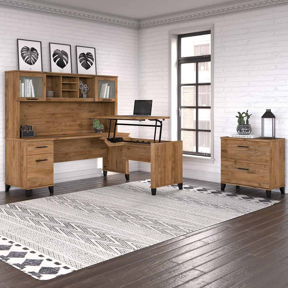 Bush Furniture Somerset 72inW 3-Position Sit-to-Stand L-Shaped Desk With Hutch And File Cabinet, Fresh Walnut, Standard Delivery