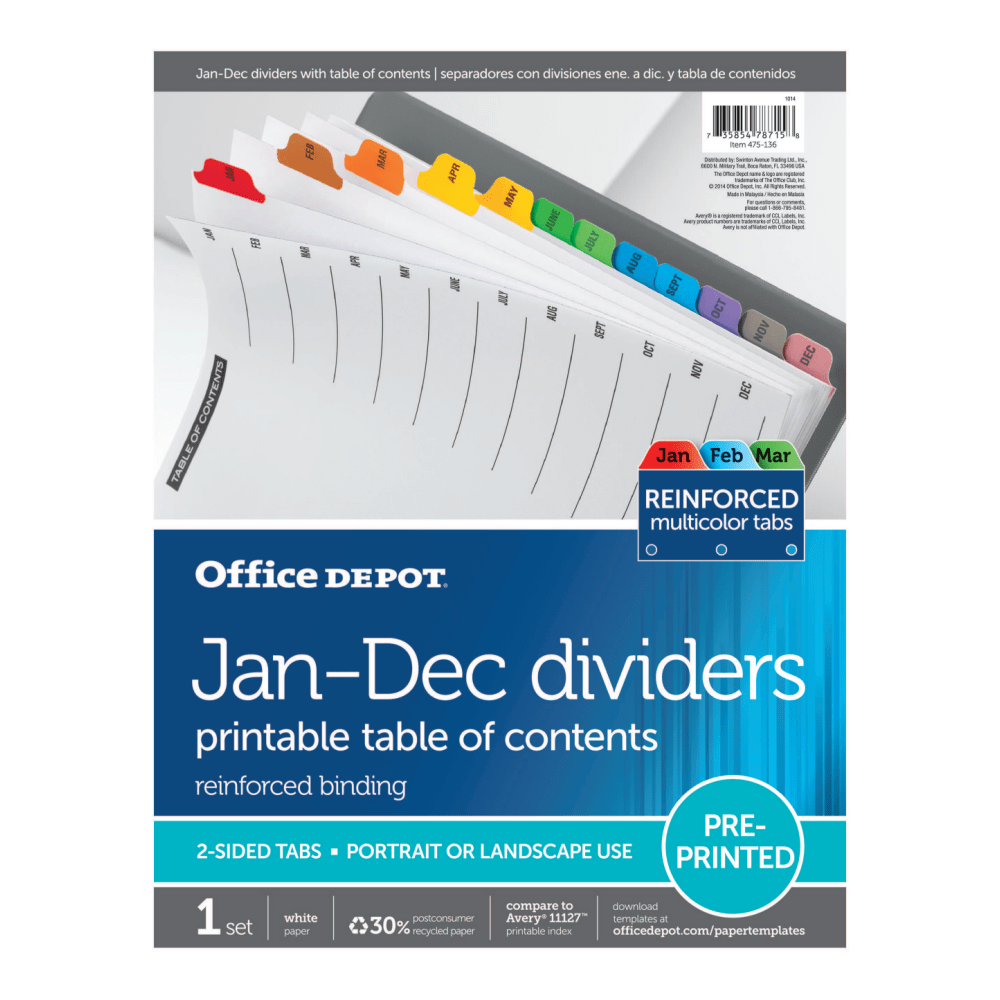 Office Depot Brand Table Of Contents Customizable Index With Preprinted Tabs, Multicolor, January-December