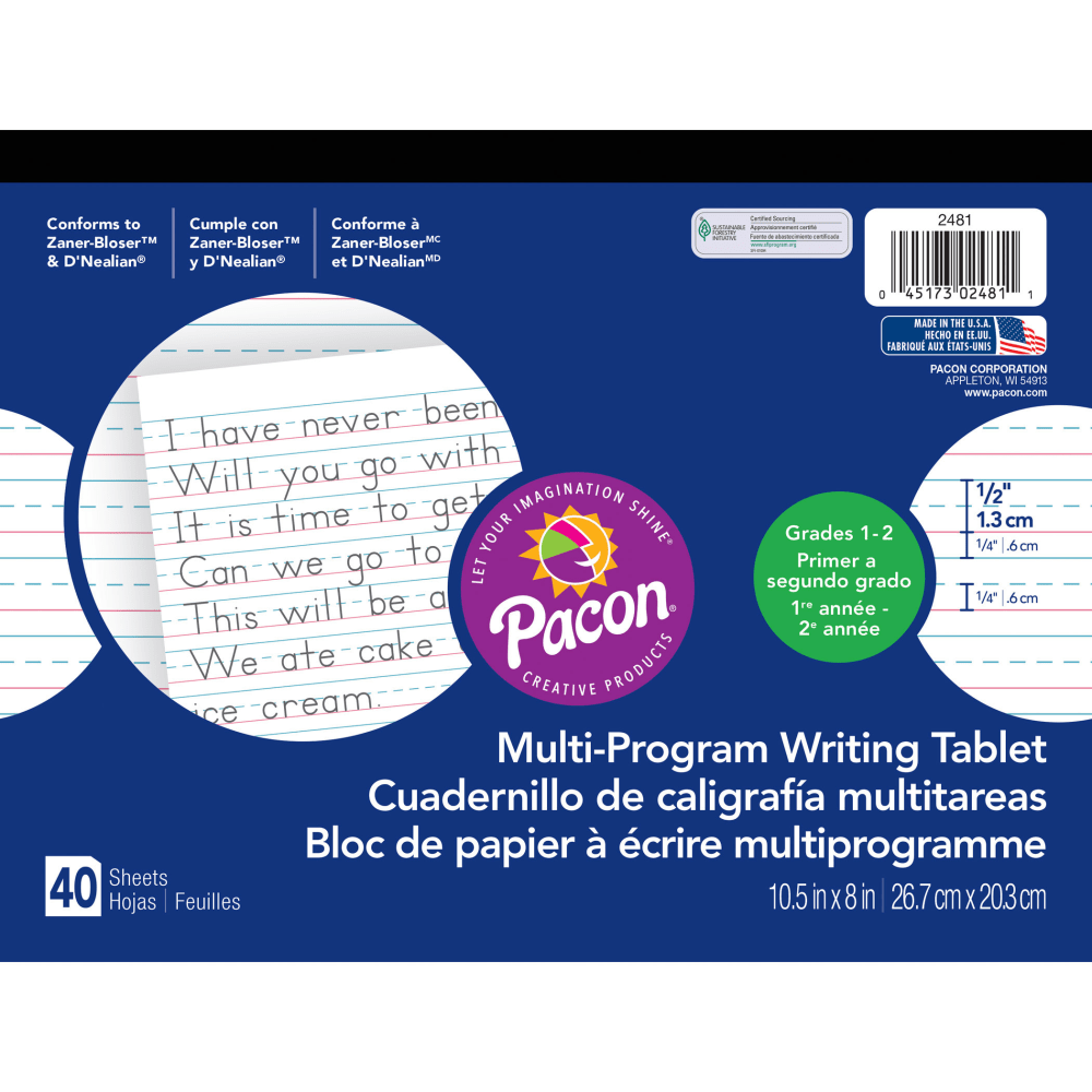 Pacon Multi-Program Horizontal Handwriting Tablets, 1/2in Ruled, 10-1/2in x 8in, White, 40 Sheets Per Tablet, Set Of 12 Tablets