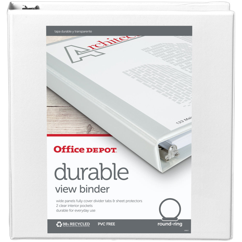 Office Depot Brand Durable View 3-Ring Binder, 1 1/2in Round Rings, White