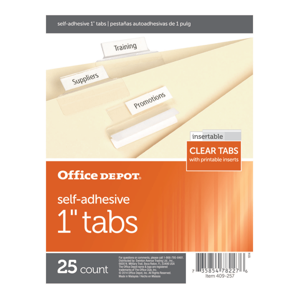 Office Depot Brand Self-Adhesive Tabs With Printable Inserts, 1in, Clear, Pack Of 25