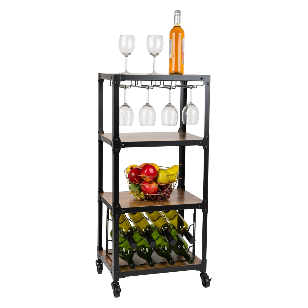 Mind Reader Woodland Collection Rolling 4-Tier Cart with Stemware Rack and Wine Rack, 39in H x 12in W x 17-357/20in D, MFD and Metal, Black