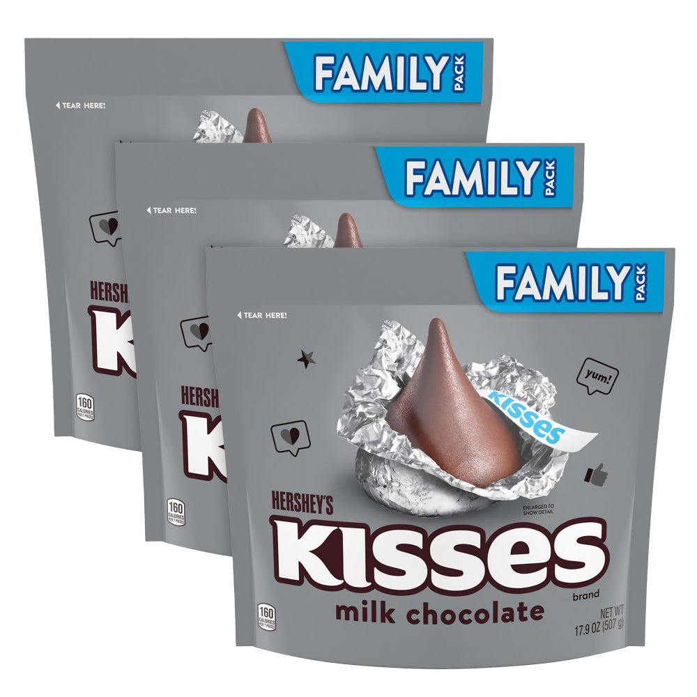 KISSES Hersheys Milk Chocolate Family Pack Stand Up Bags, 17.9 Oz, Pack Of 3 Bags