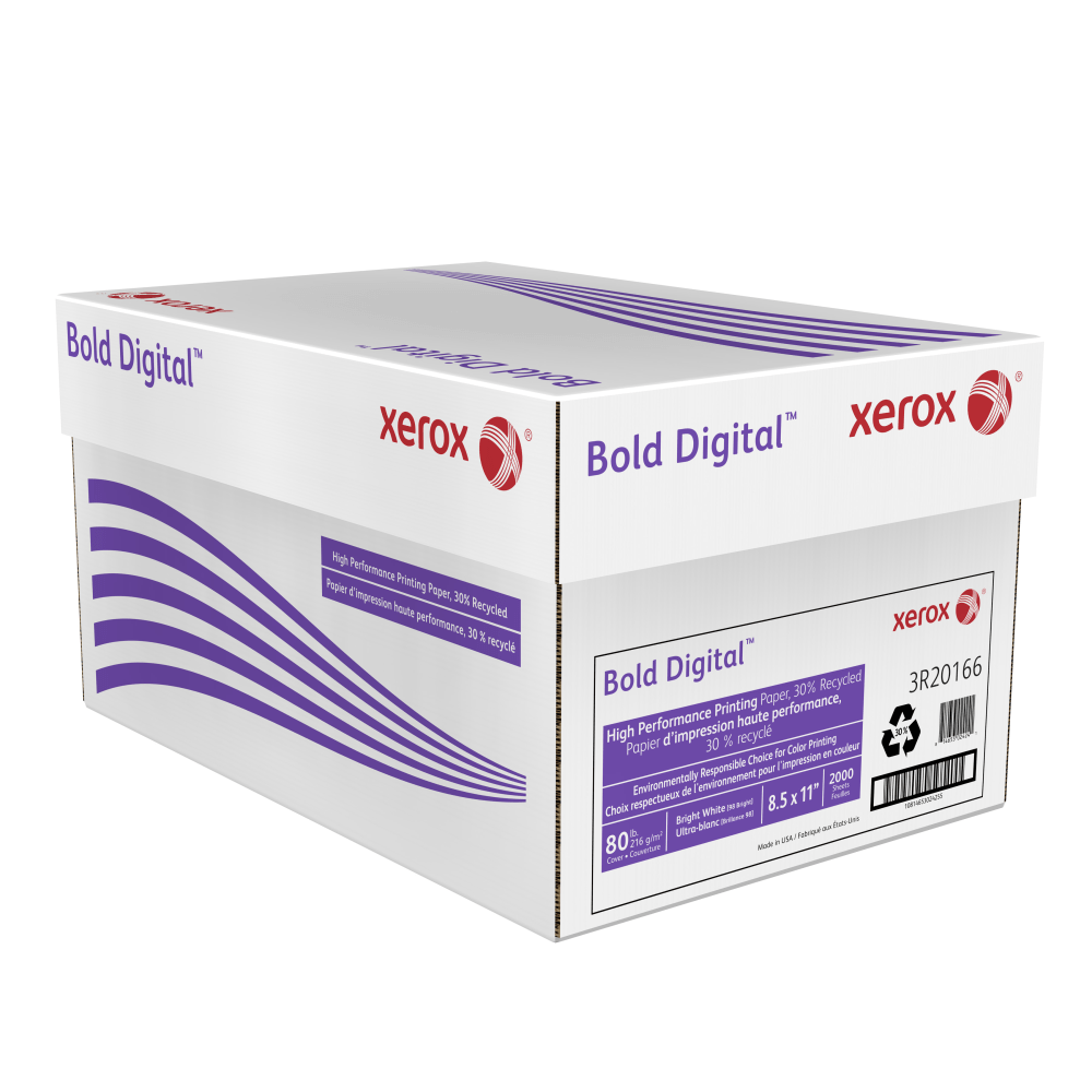 Xerox Bold Digital Printing Paper, Letter Size (8 1/2in x 11in), 2000 Sheets Total, 98 (U.S.) Brightness, 80 Lb Cover (216 gsm), 30% Recycled, FSCCertified, 250 Sheets Per Ream, Case Of 8 Reams