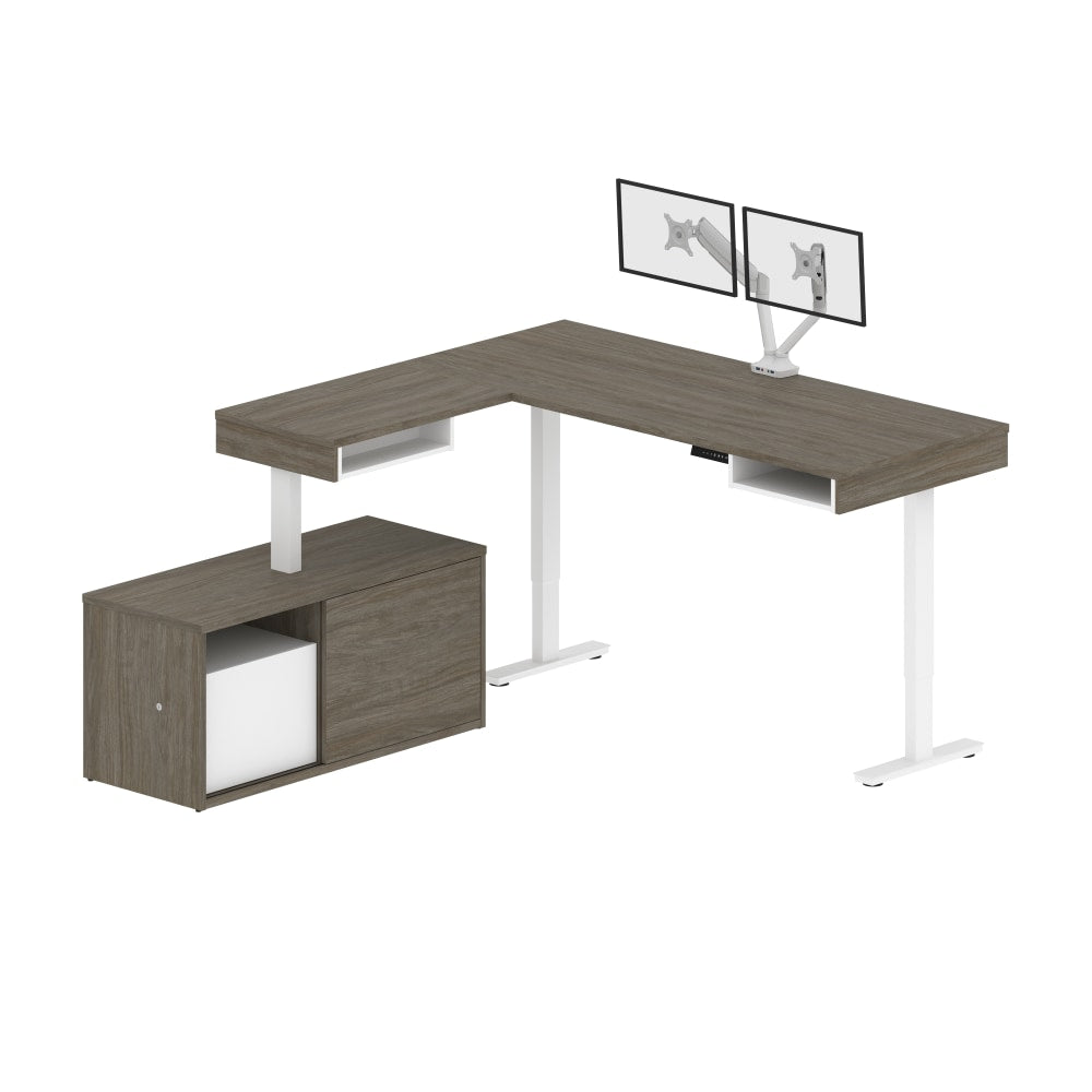 Bestar Pro-Vega 81inW L-Shaped Standing Corner Desk With Dual Monitor Arm And Credenza, Walnut Gray/White