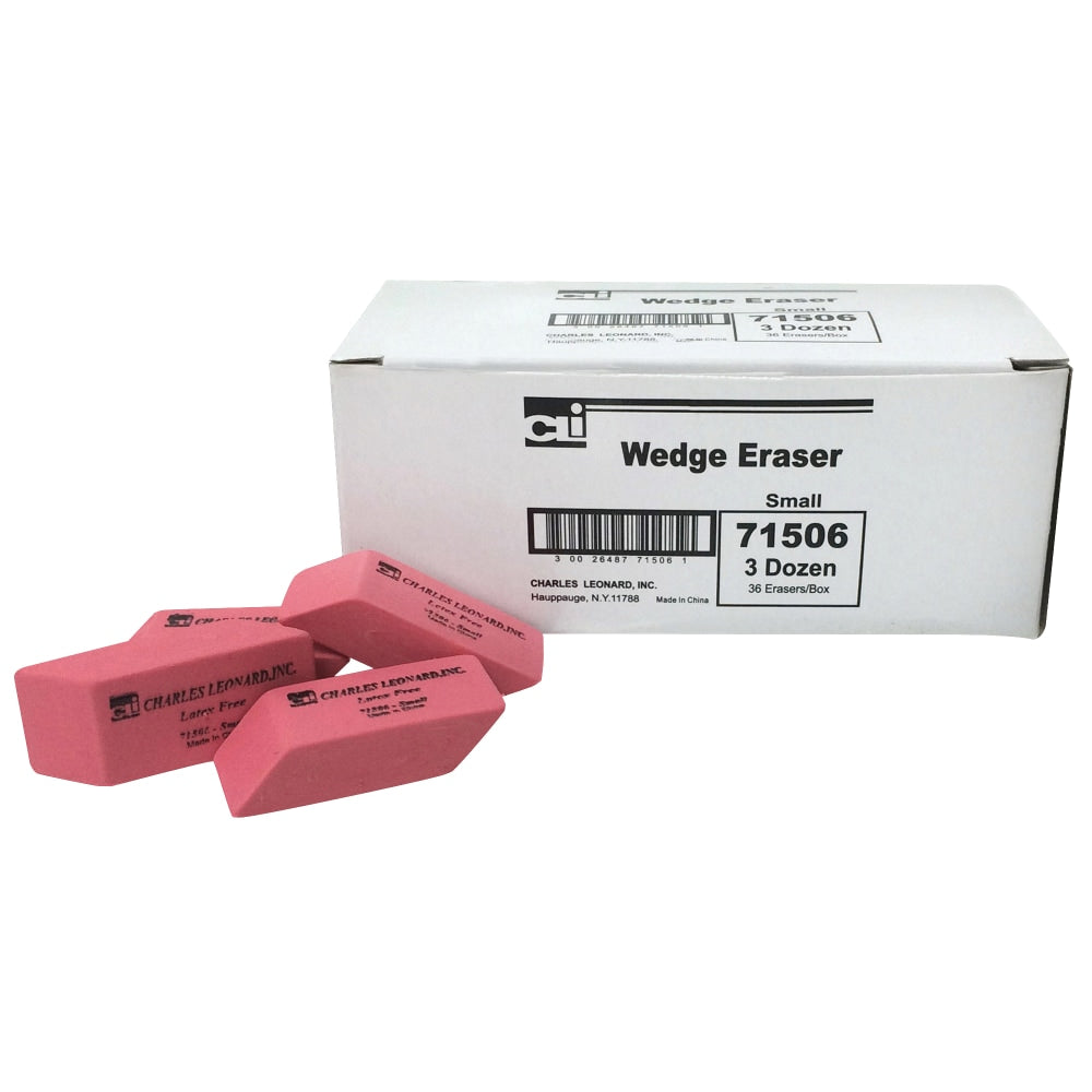 Charles Leonard Wedge Erasers, Pink, 2-5/8in x 1in, 36 Erasers Per Box, Pack Of 6 Boxes