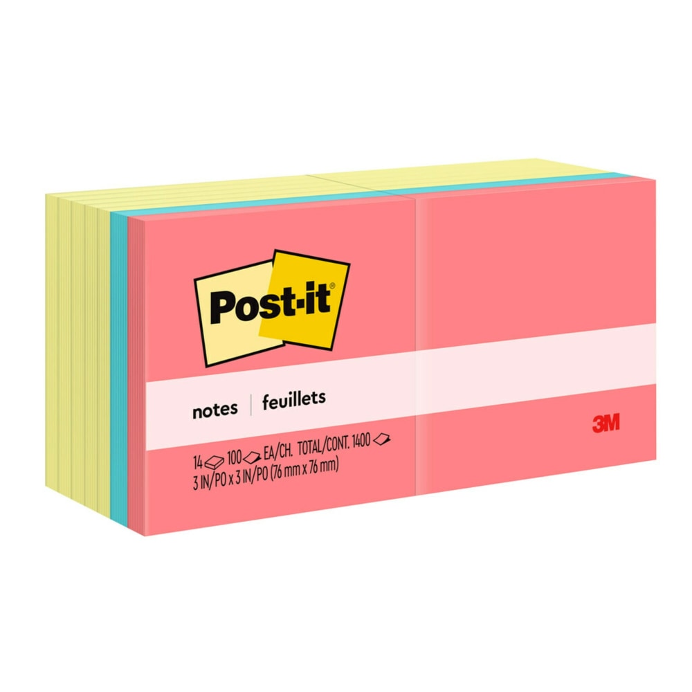 Post-it Notes Value Pack, 3 in x 3 in, 14 Pads, 100 Sheets/Pad, Clean Removal, Canary Yellow and Poptimistic Collection