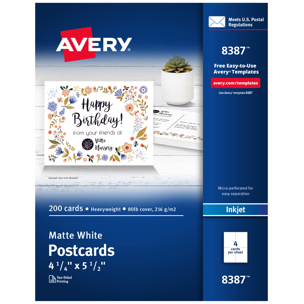 Avery Inkjet Postcards, 4 1/4in x 5 1/2in, Matte White, Box of 200