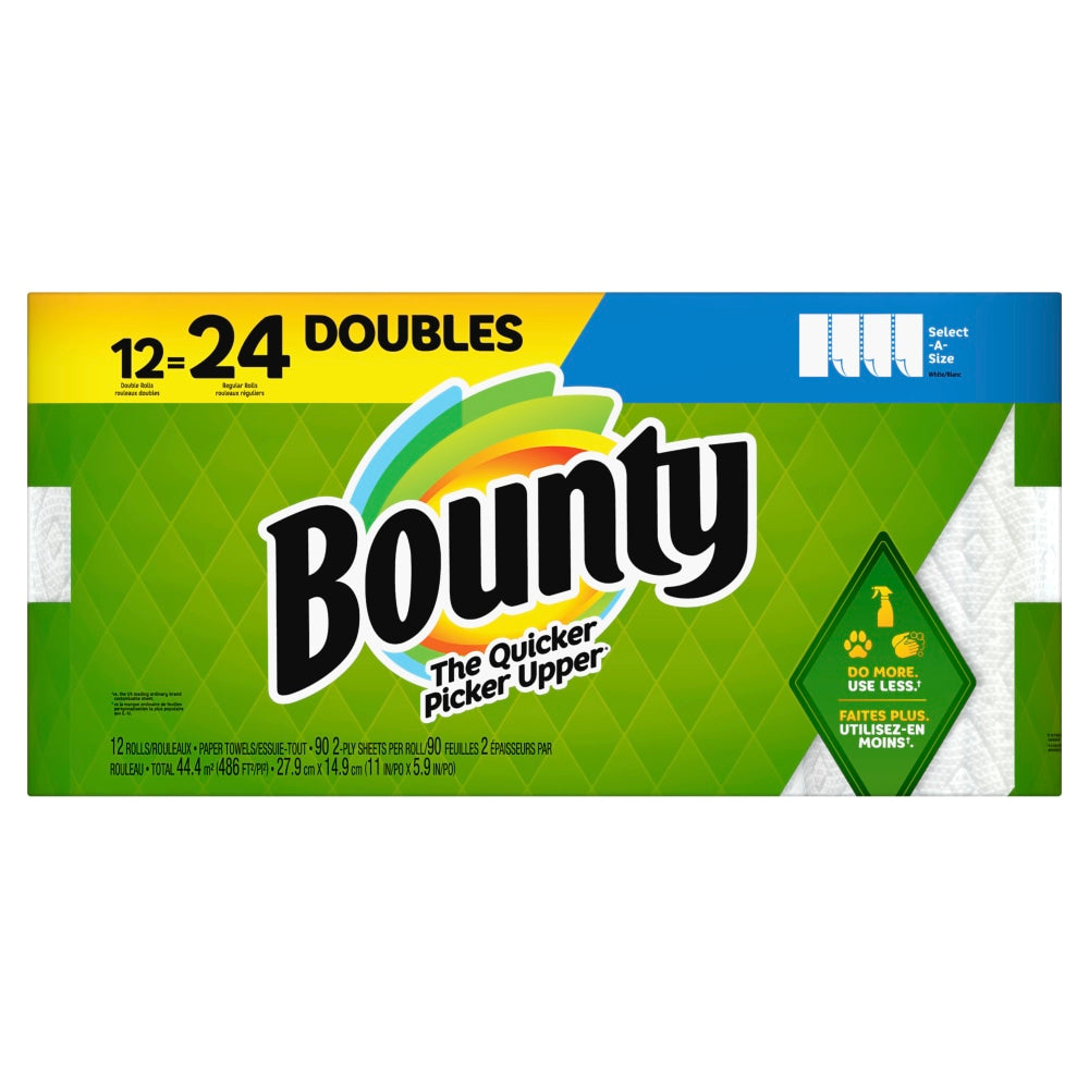 Bounty Select-A-Size 2-Ply Paper Towels, Double Rolls, 6in x 11in, White, 90 Sheets Per Roll, Pack Of 12 Rolls