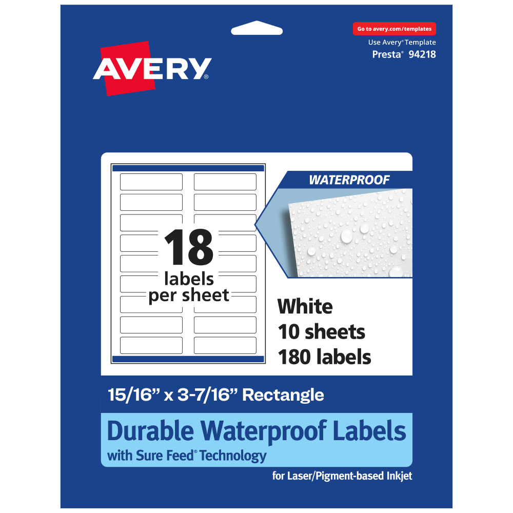 Avery Waterproof Permanent Labels With Sure Feed, 94218-WMF10, Rectangle, 15/16in x 3-7/16in, White, Pack Of 180