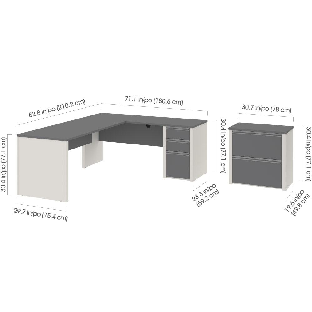 Bestar Connexion 72inW L-Shaped Corner Desk With Lateral File Cabinet, Slate/Sandstone