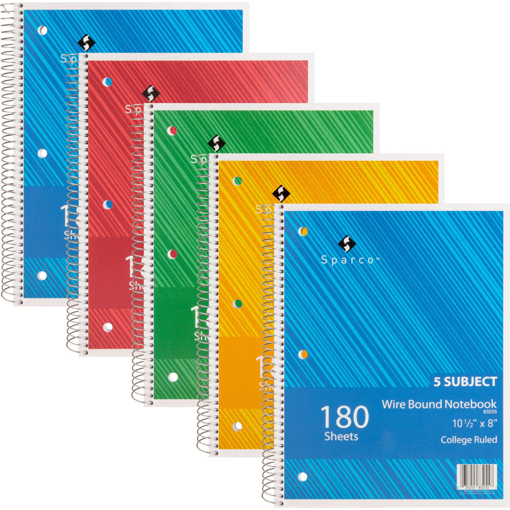 Sparco Wirebound Notebooks, 8in x 10 1/2in, College Ruled, 180 Sheets, Assorted Colors, Pack Of 5