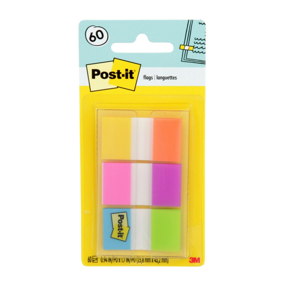 Post-it Flags, 1in x 1 7/10in, Assorted Electric Glow Colors, Pack Of 60 Flags