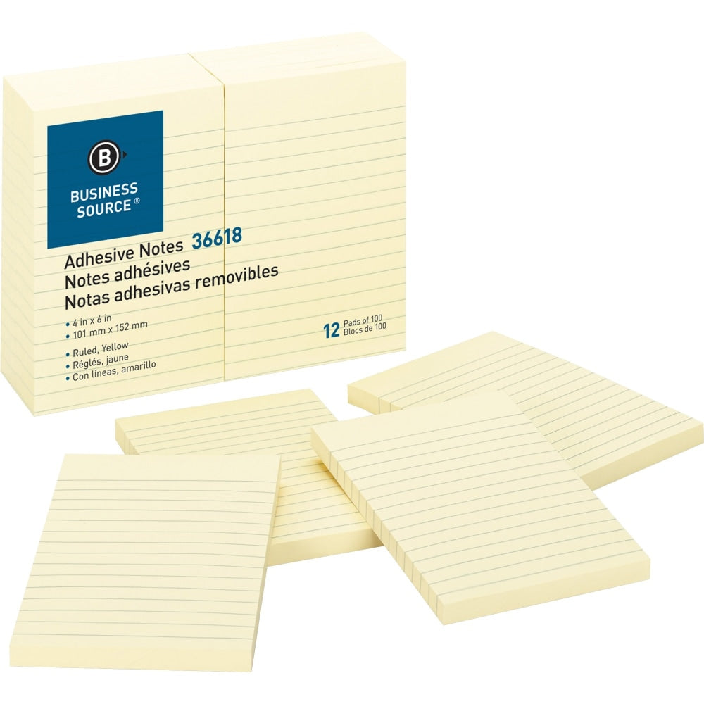 Business Source Ruled Adhesive Notes - 4in x 6in - Rectangle - Ruled - Yellow - Solvent-free Adhesive, Self-adhesive - 12 / Pack