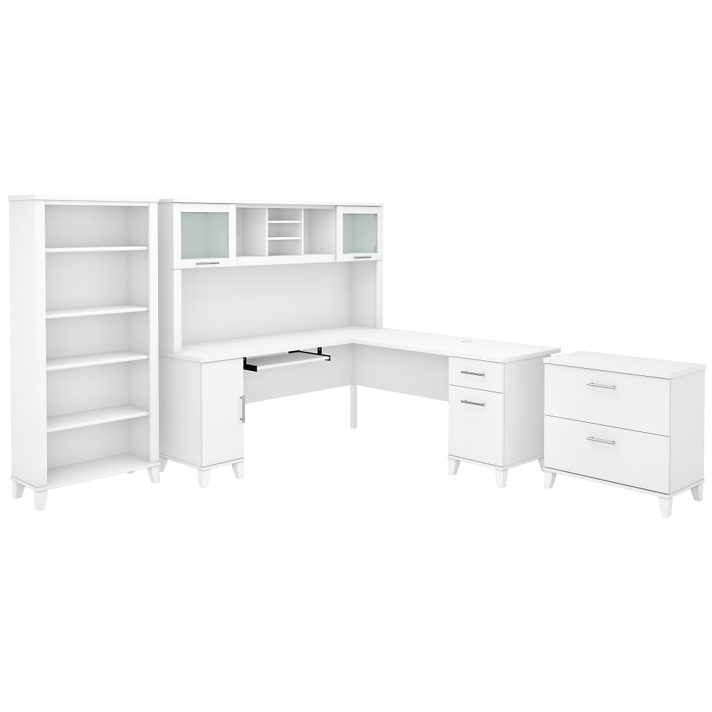 Bush Furniture Somerset 72inW L-Shaped Desk With Hutch, Lateral File Cabinet And Bookcase, White, Standard Delivery