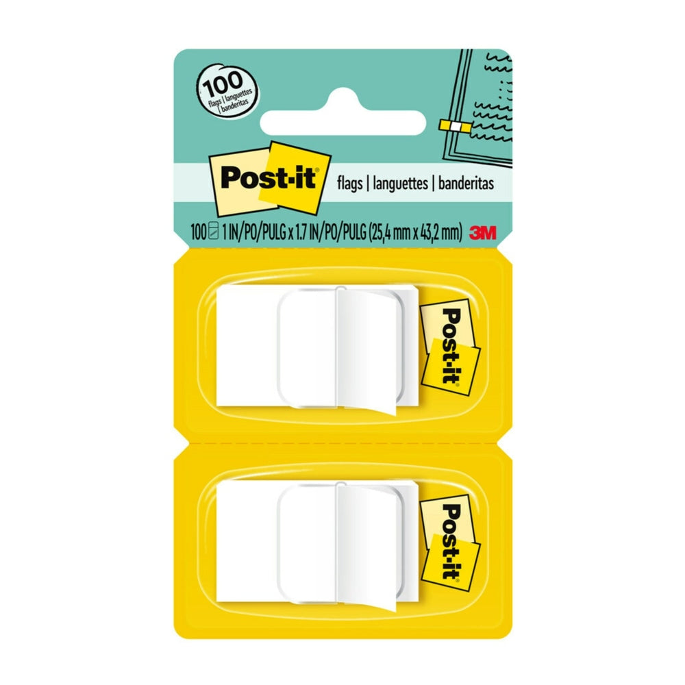 Post-it Flags, 1in x 1 -11/16in, White, 50 Flags Per Pad, Pack Of 2 Pads