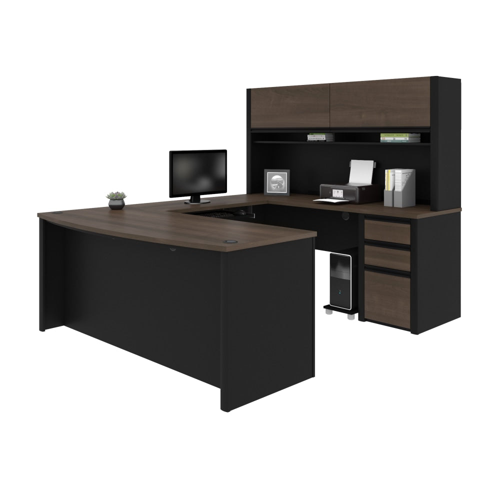 Bestar Connexion 72inW U-Shaped Executive Computer Desk With Pedestal And Hutch, Antigua/Black