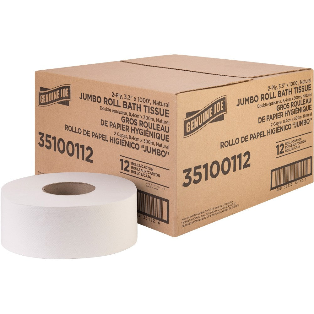 Genuine Joe Jumbo Jr Dispenser Bath Tissue Roll - 2 Ply - 3.30in x 1000 ft - 8.88in Roll Diameter - White - Fiber - 12 / Carton