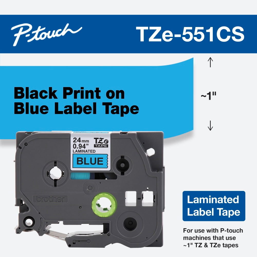 Brother TZE551CS Genuine P-Touch Laminated Label Tape, 1in x 26-1/4ft, Black/Blue