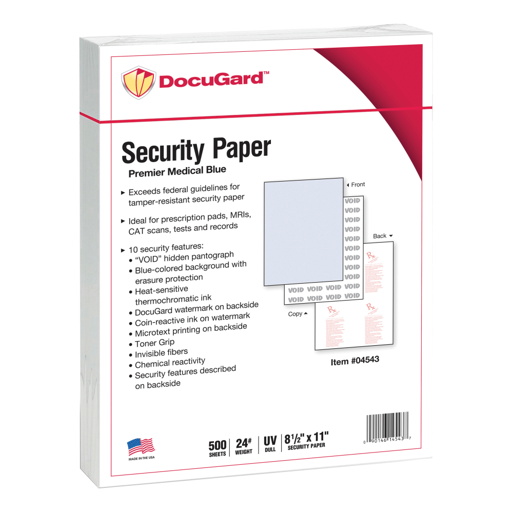 DocuGard Premier Medical 10 Medical Prescription Papers And Business Checks, Letter Size (8 1/2in x 11in), Ream Of 500 Sheets, 1-Part, Blue