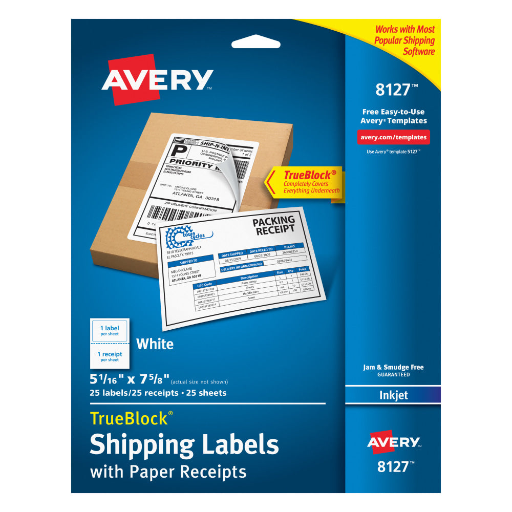 Avery TrueBlock Permanent Inkjet Shipping Labels, With Paper Receipts, 8127, 5 1/16in x 7 5/8in, White, Pack Of 25