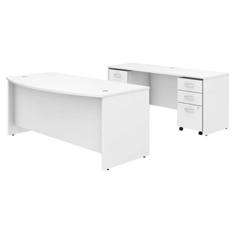 Bush Business Furniture Studio C 72inW Bow-Front Computer Desk And Credenza With Mobile File Cabinets, White, Standard Delivery