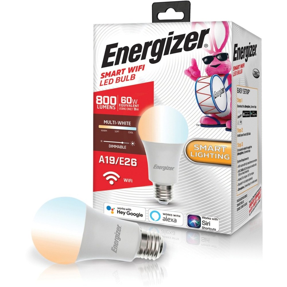 Energizer LED Light Bulb - A19 Size - Multi White Light Color - Google Assistant, Alexa Supported - Dimmable - Voice Control, Remote Controlled, Wi-Fi