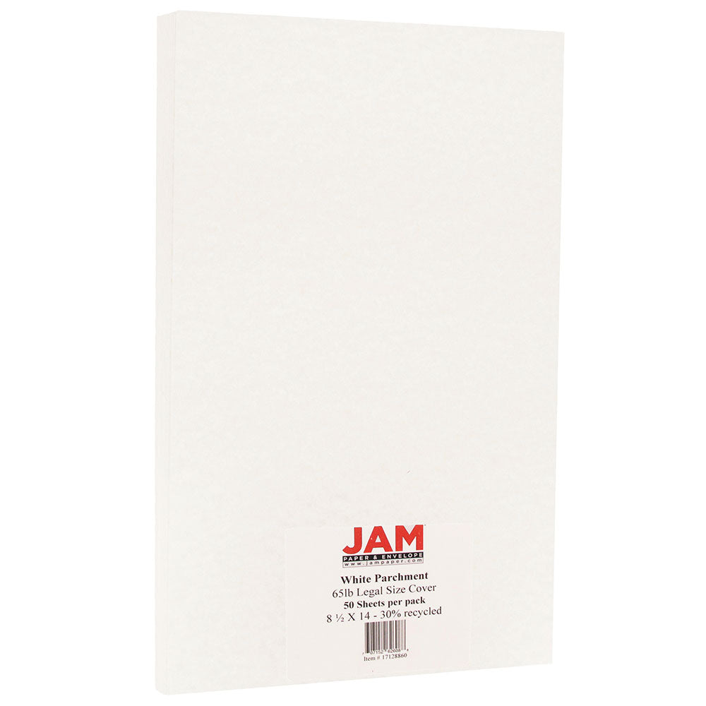 JAM Paper Legal Card Stock, White Parchment, Legal (8.5in x 14in), 65 Lb, Pack Of 50