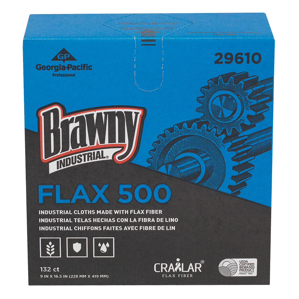 Brawny Industrial by GP PRO FLAX 500 Light-Duty Cloths, Unscented, 9in x 16 1/2in, White, 132 Sheets Per Box, Pack Of 10