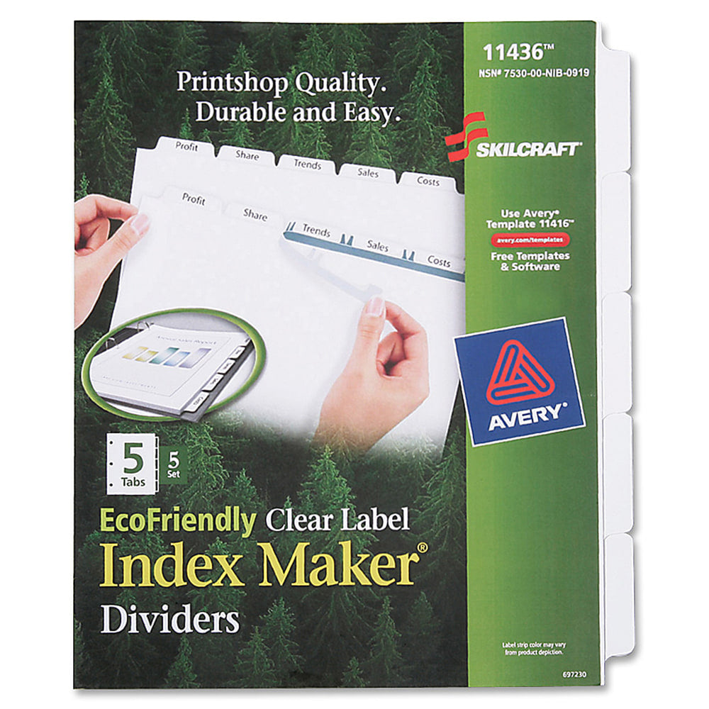 SKILCRAFT Index Maker Clear Label Dividers With White Tabs, 5-Tab, Pack Of 5 Sets (AbilityOne 7530-01-600-6981)