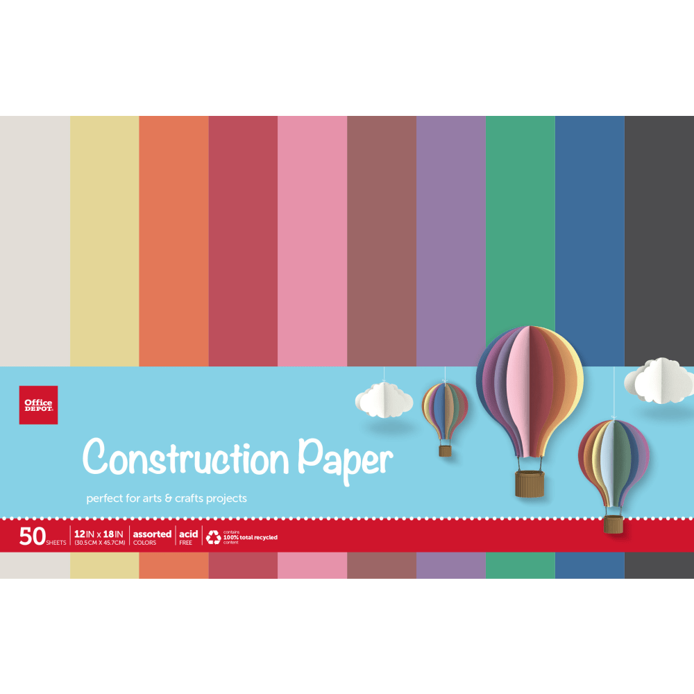 Office Depot Brand Construction Paper, 12in x 18in, 100% Recycled, Assorted Colors, Pack Of 50 Sheets