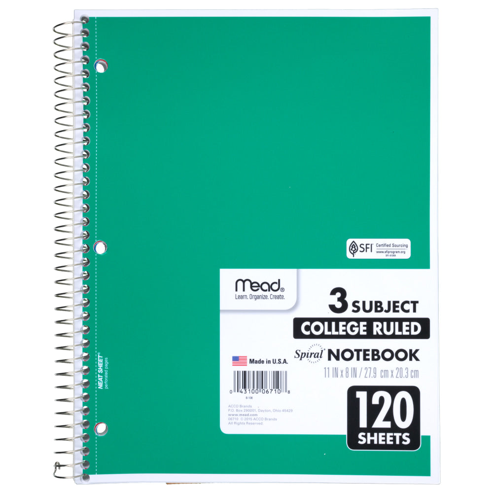 Mead Wirebound Notebook, 8 1/2in x 11in, 3 Subject, College Ruled, 120 Sheets, Assorted Colors