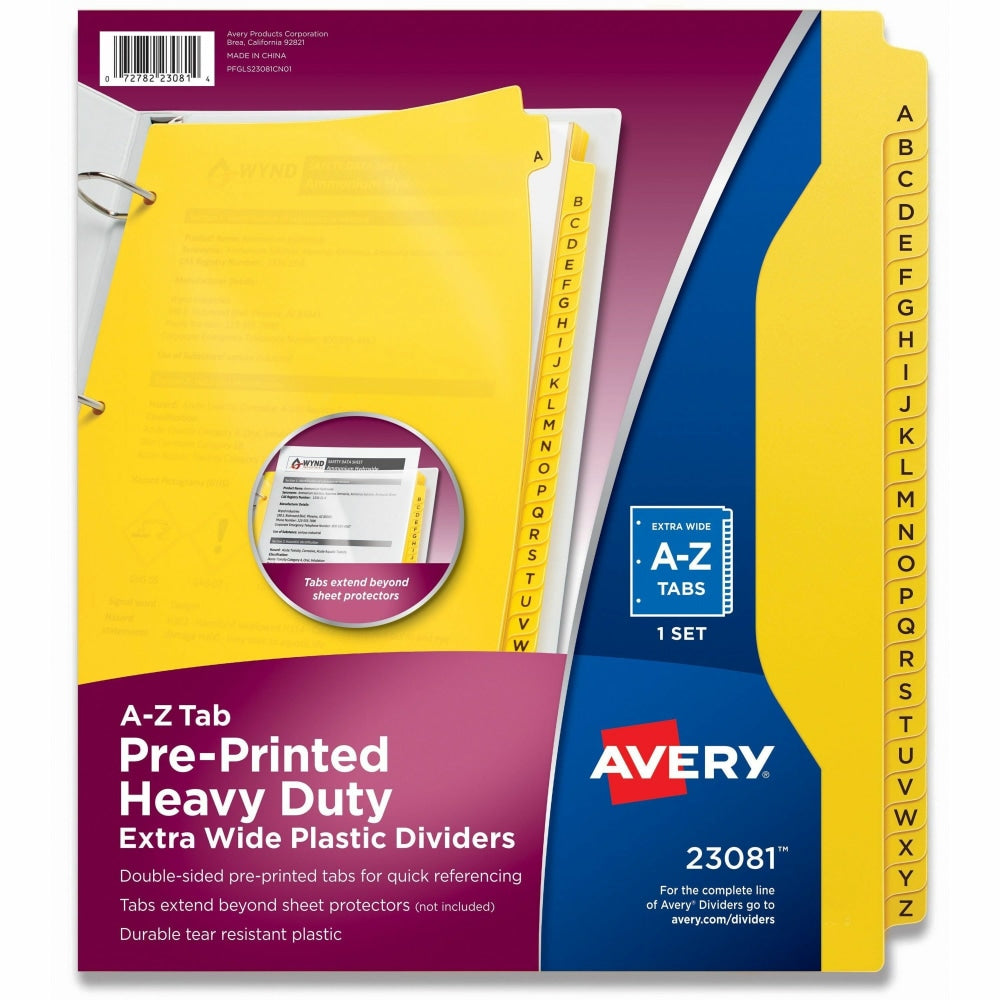 Avery A-Z Plastic Preprinted Divider Tabs, 8-1/2in x 11in, Yellow, Set Of 26