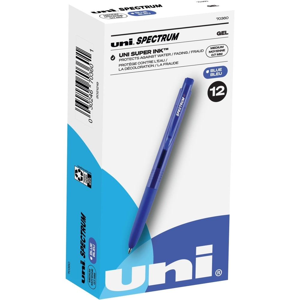 uni Spectrum Gel Pens, Pack Of 12, Medium Point, 0.7 mm, Blue Barrel, Blue Ink